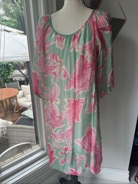 BELLAMBRA Made in Italy SILK Floral Dress Mint Green Tiffany Blue Pink Sz Small